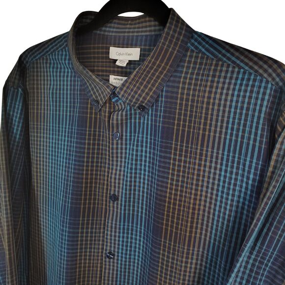 CALVIN KLEIN Slim Fit Infinite XL Men's Button Down Blue Plaid Long Sleeve Shirt - Picture 1 of 6